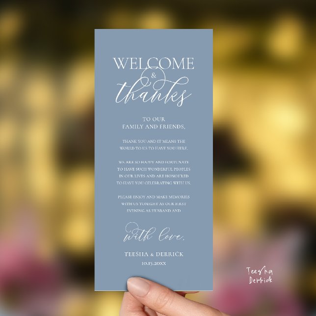 Programme "Welcome and Thanks" Elegant Reception Guest Card ("Welcome and Thanks" Elegant Wedding Reception Guest Thank you Card in Dusty Blue)