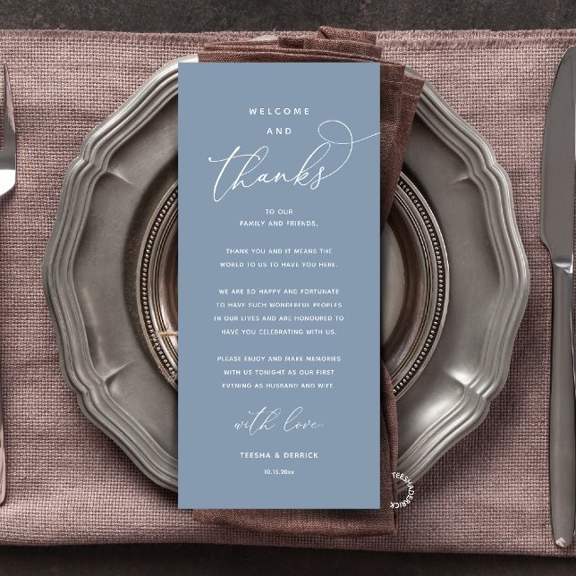 Programme "Welcome and Thanks" Elegant Reception Guest Card (Modern Elegant Wedding Reception "Welcome and Thanks" Table Card for Guest in Dusty Blue)
