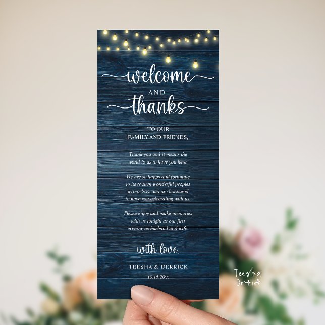Programme "Welcome and Thanks" Rustic Reception Guest Card ("Welcome and Thanks" Rustic Reception dinner Guest thank you Card in string lights navy blue wood)