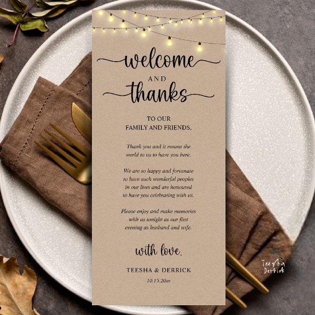Programme "Welcome and Thanks" Rustic Reception Guest Card ("Welcome and Thanks" Rustic Reception dinner Guest thank you Card in string lights brown kraft)