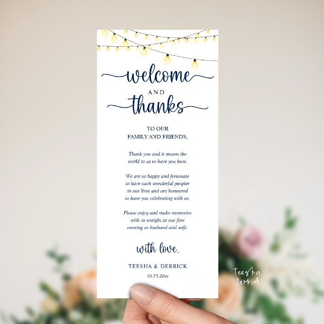 Programme "Welcome and Thanks" Rustic Reception Guest Card ("Welcome and Thanks" Rustic Reception dinner Guest thank you Card in string lights navy blue)