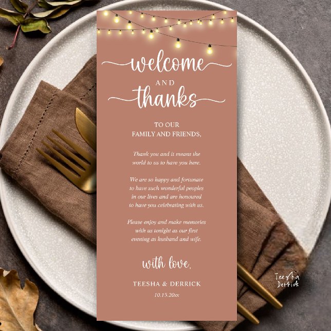 Programme "Welcome and Thanks" Rustic Reception Guest Card ("Welcome and Thanks" Rustic Reception dinner Guest thank you Card in string lights terracotta earthy)