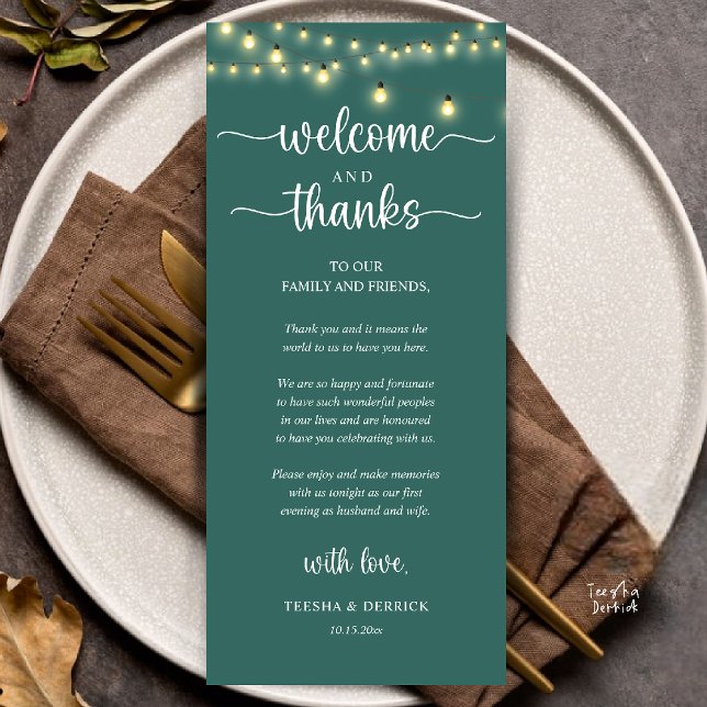 Programme "Welcome and Thanks" Rustic Reception Guest Card ("Welcome and Thanks" Rustic Reception dinner Guest thank you Card in string lights teal green)