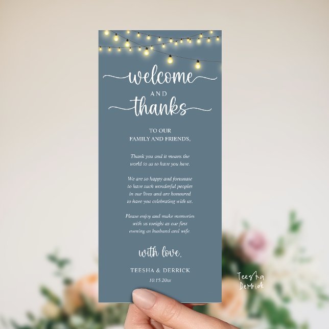 Programme "Welcome and Thanks" Rustic Reception Guest Card ("Welcome and Thanks" Rustic Reception dinner Guest thank you Card in string lights dusty blue)