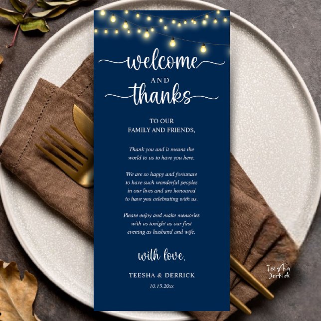 Programme "Welcome and Thanks" Rustic Reception Guest Card ("Welcome and Thanks" Rustic Reception dinner Guest thank you Card in string lights navy blue)
