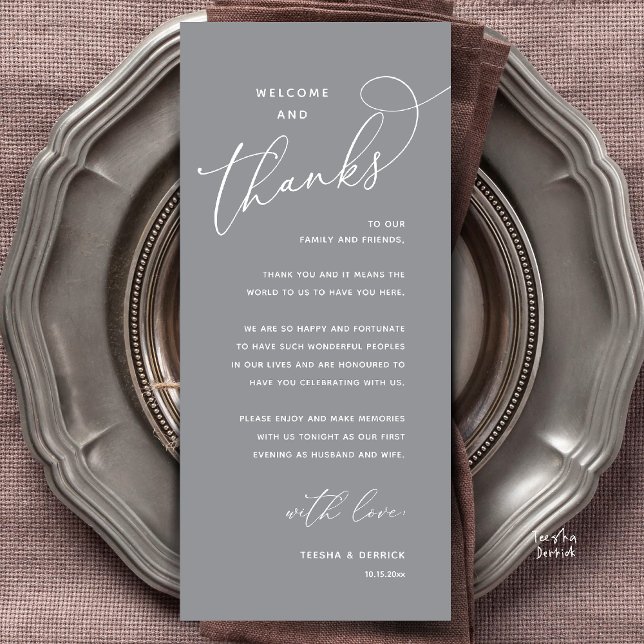 Programme Welcome and Thanks, Wedding Dinner Thank You Card (Welcome and Thanks, Happily Ever After Modern Wedding Dinner Thank You Card in Classy Dark Grey)
