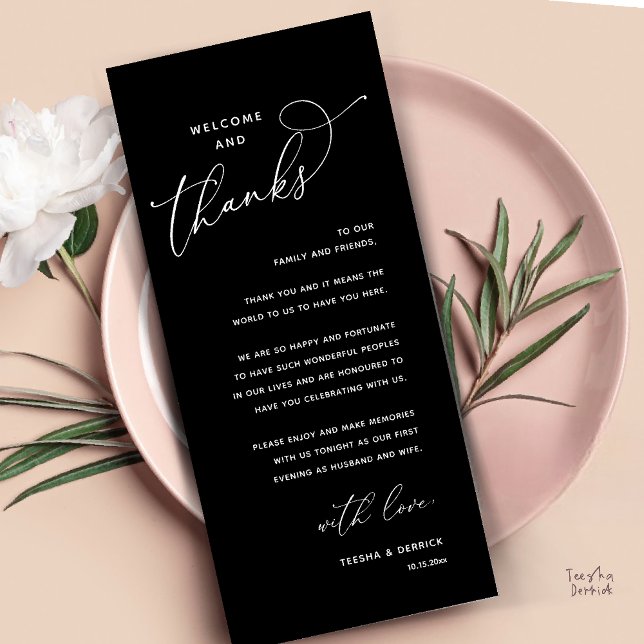 Programme Welcome and Thanks, Wedding Dinner Thank You Card (Welcome and Thanks, Happily Ever After Modern Wedding Dinner Thank You Card in Classy Black White)