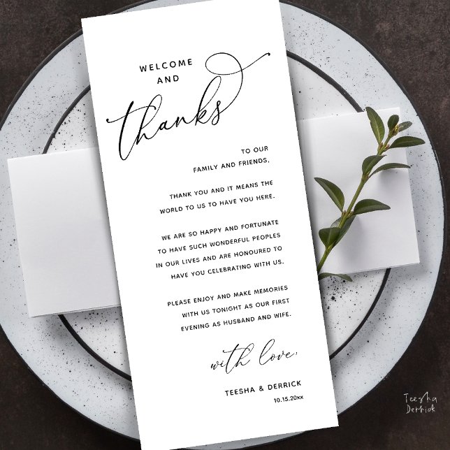 Programme Welcome and Thanks, Wedding Dinner Thank You Card (Welcome and Thanks, Wedding Dinner Thank You Card in Black and white)