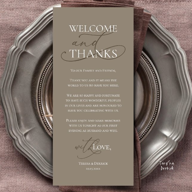 Programme Welcome and Thanks, Wedding Dinner Thank You Card (Welcome and Thanks, Wedding Dinner Thank You Card in Taupe Brown)