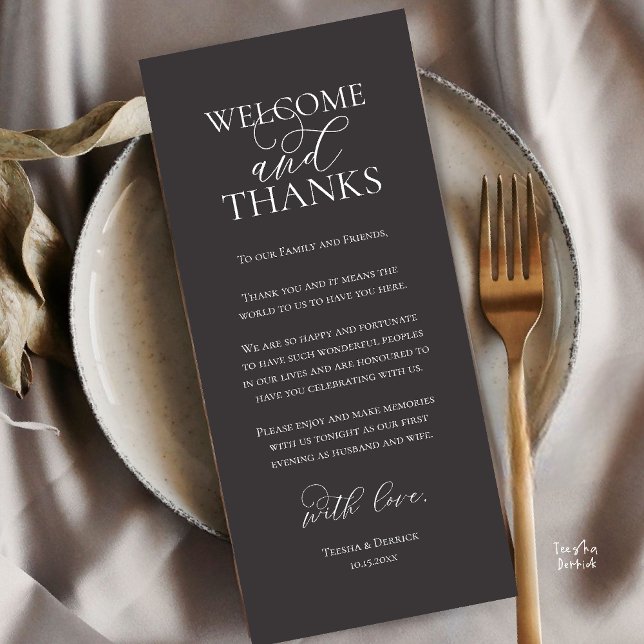 Programme Welcome and Thanks Wedding Dinner Thank You Card (Welcome and Thanks Wedding Reception Dinner Thank You Card in Charcoal Grey)