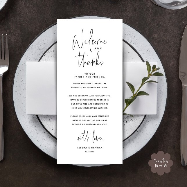 Programme Welcome n Thanks Wedding Reception Thank You Card (Welcome n Thanks Wedding Reception Dinner Brunch Lunch Thank You Card in Black White)
