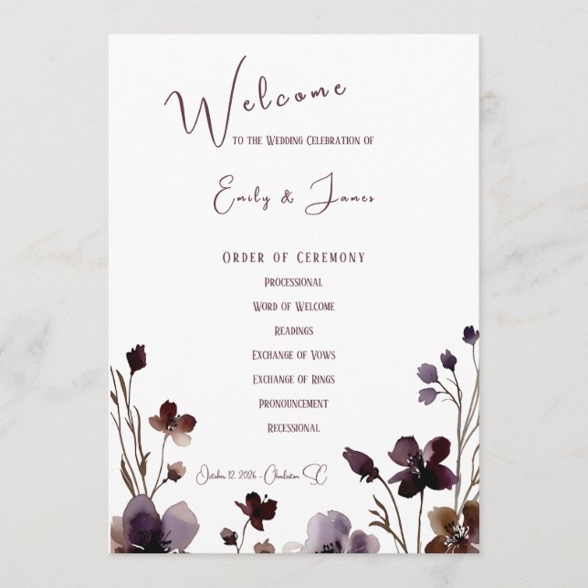 Programme Wine Red Plum Mauve Fall Floral Wedding (Devant)
