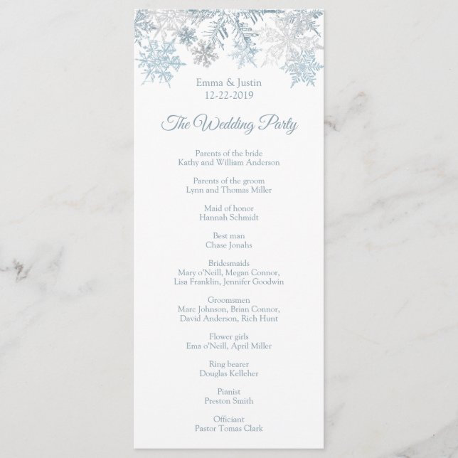 Programme Winter Wonderland Silver Blue Snowflakes Mariage (Devant)