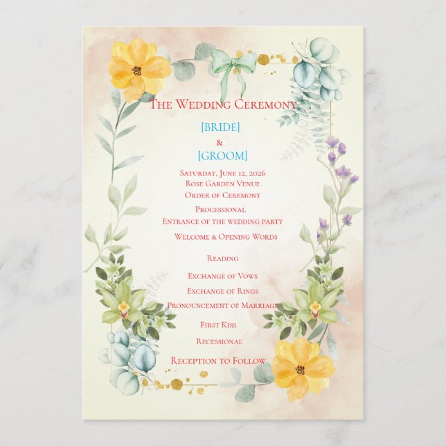 Programme Yellow and Pink Floral Wedding Program (Devant)