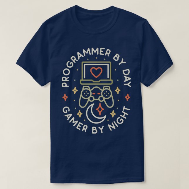 Programmer By Day Gamer By Night ConsoleCoding Gee T-Shirt (Design Front)