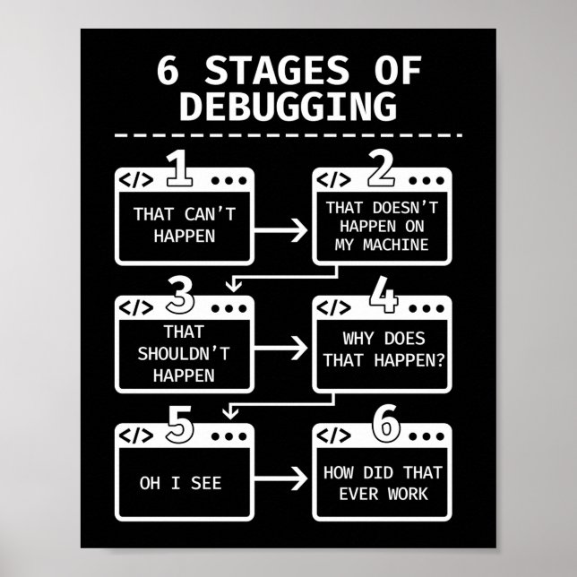 Programmer Coding 6 Stages Of Debugging Poster (Front)