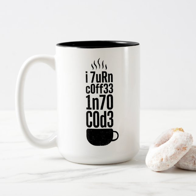 Programmer Humour – Coffee Into Code Two-Tone Coffee Mug (With Donut)
