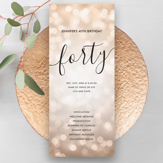 Programmes de 40e anniversaire aux lumières scinti (Rose Gold Glitter Lights 40th Birthday Programs )