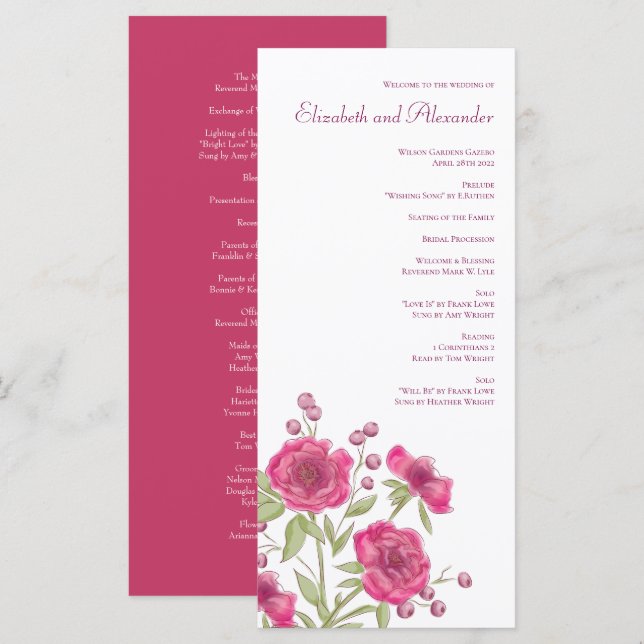 Programmes de mariage à la rose rose vif (Devant / Derrière)