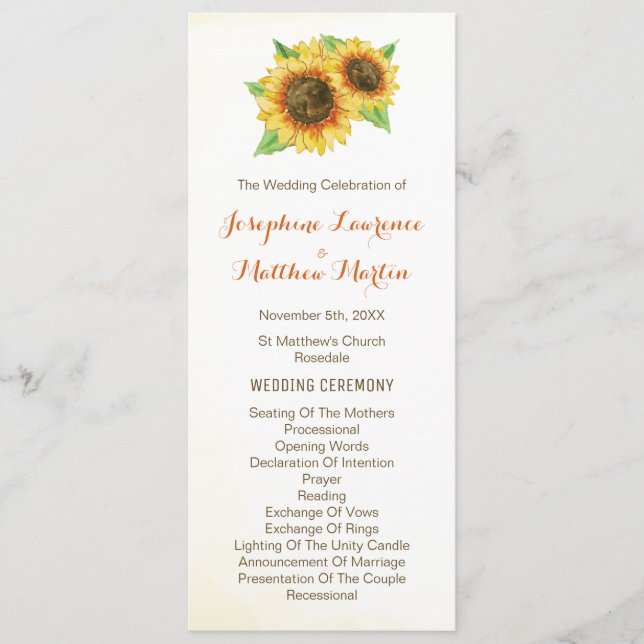Programmes de mariage à l'aquarelle de tournesol (Devant)