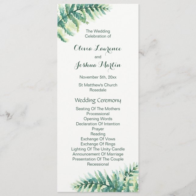 Programmes de mariage à l'aquarelle verte (Devant)