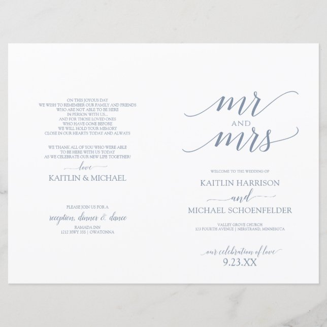 Programmes de mariage à typographie élégante Bleu  (Devant)
