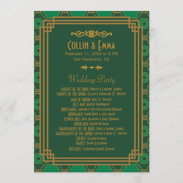Programmes de mariage Art Déco Vert (Devant)