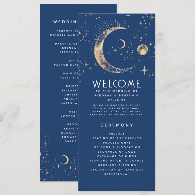 Programmes de mariage bleu et or de la marine céle (Devant / Derrière)