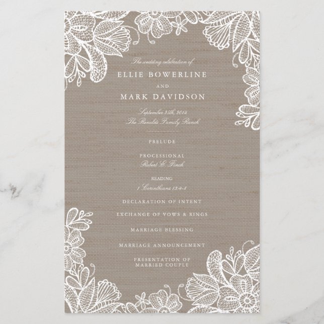 Programmes de mariage Burlap et dentelle (Devant)