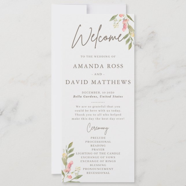 Programmes de mariage élégants aux fleurs simples (Devant)