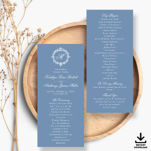 Programmes de mariage en toile de Jouy bleue vinta