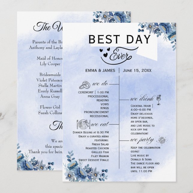 Programmes de mariage floral bleu chic (Devant / Derrière)