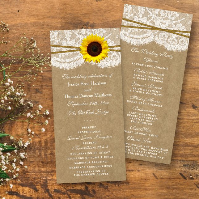 Programmes de mariage Kraft, dentelle et tournesol (Créateur téléchargé)