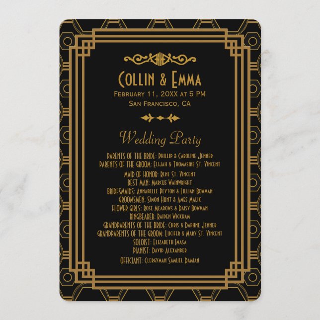 Programmes de mariage noir Art Déco (Devant)