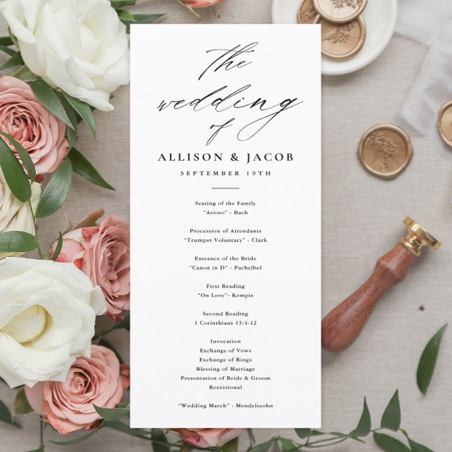 Programmes de mariage noir et blanc Elegant Script (Elegant Script Black and White Wedding Program.)