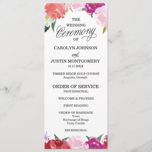 Programmes modernes de mariage à l'aquarelle flora (Devant)