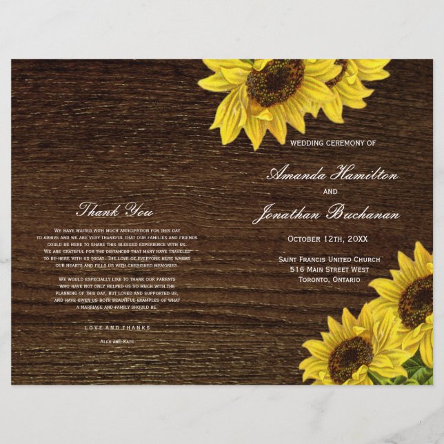 Programmes rustiques de mariage de tournesol sur b (Devant)