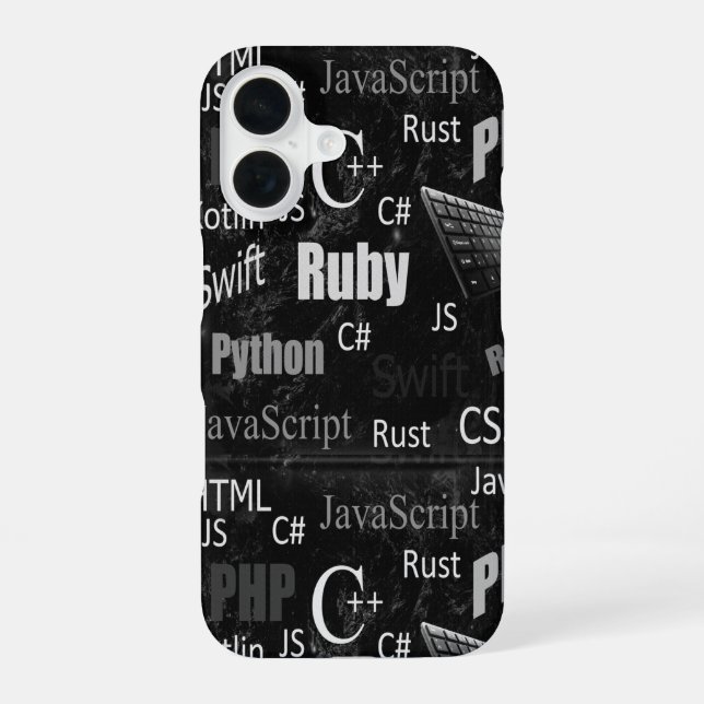 Programming languages black and white iPhone 16 case (Back)