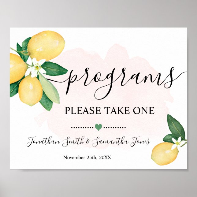 Programs Wedding Ceremony Lemons Pink Sign (Front)