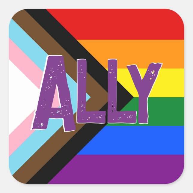 Progress Pride Flag Ally Grunge Font Square Sticker (Front)