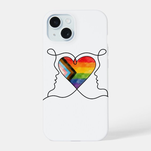 Progress Pride Heart Line Art iPhone 15 Case (Back)