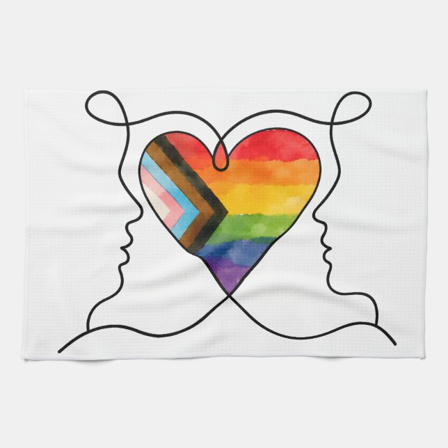 Progress Pride Heart Line Art Kitchen Towel (Horizontal)