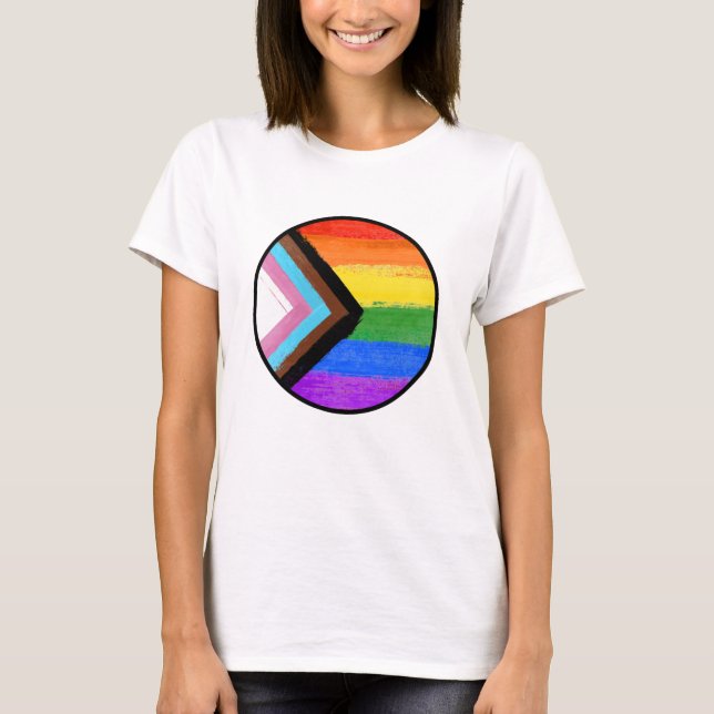Progress Pride Stripes Painted Button T-Shirt (Front)