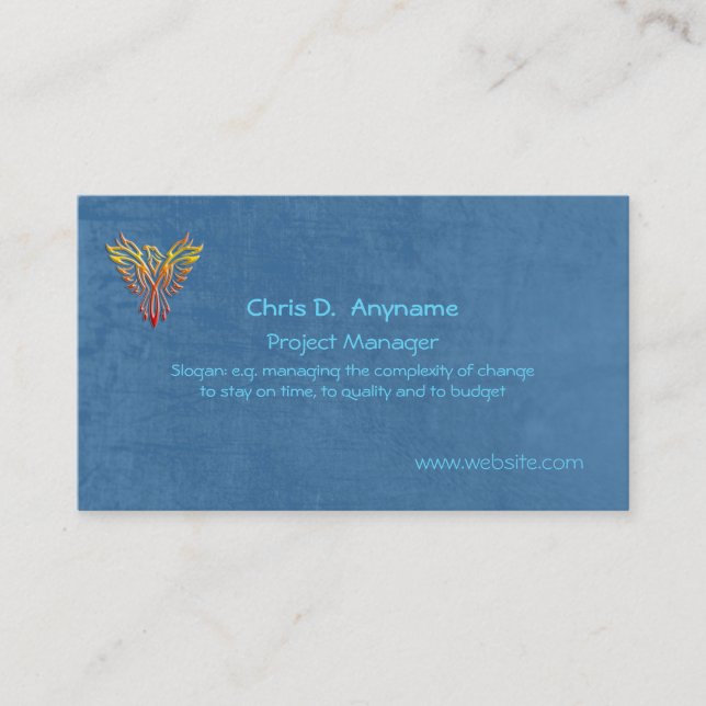 Project Manager, phoenix logo, blue leather-effect Business Card (Front)