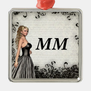 Prom girl in a black dress metal ornament