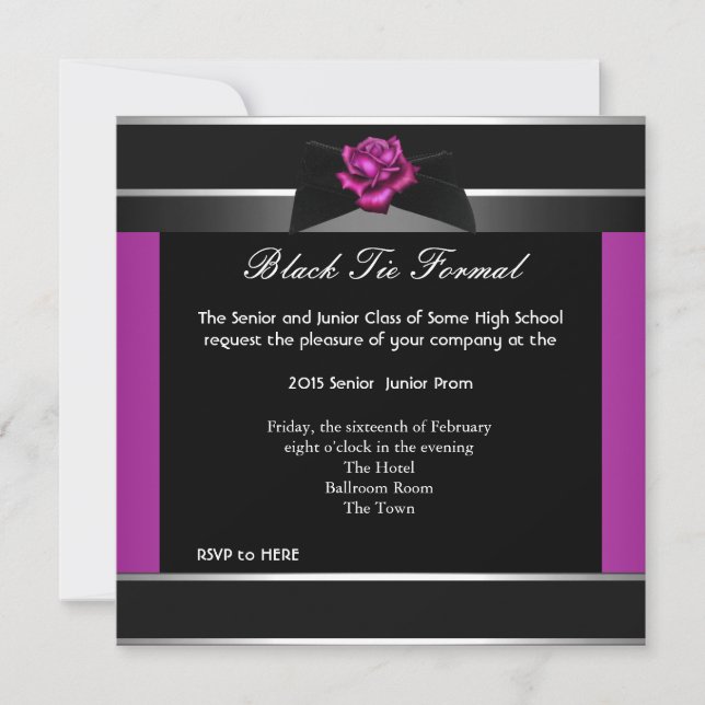 Prom High School Dance Formal Pink Black Tie Invitation (Front)