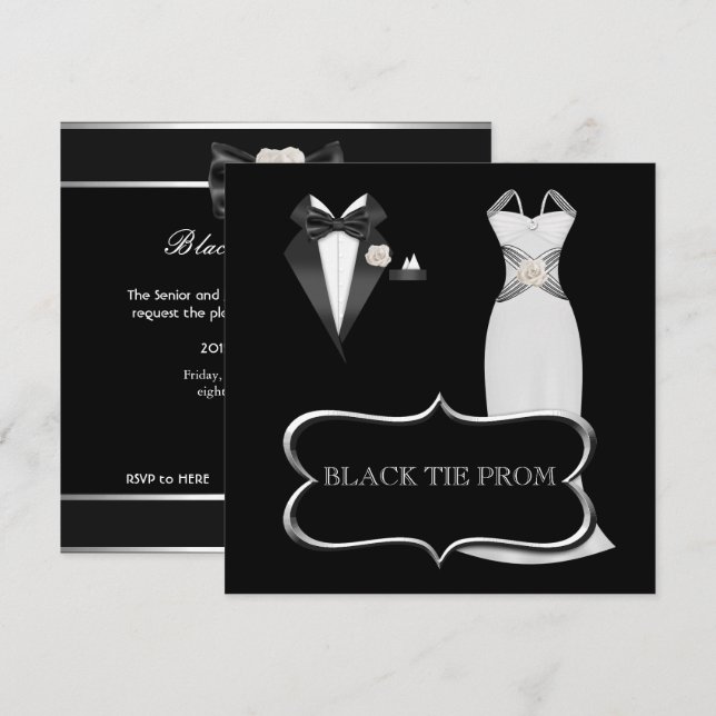 Prom High School Dance Formal White Black Tie Invitation (Front/Back)