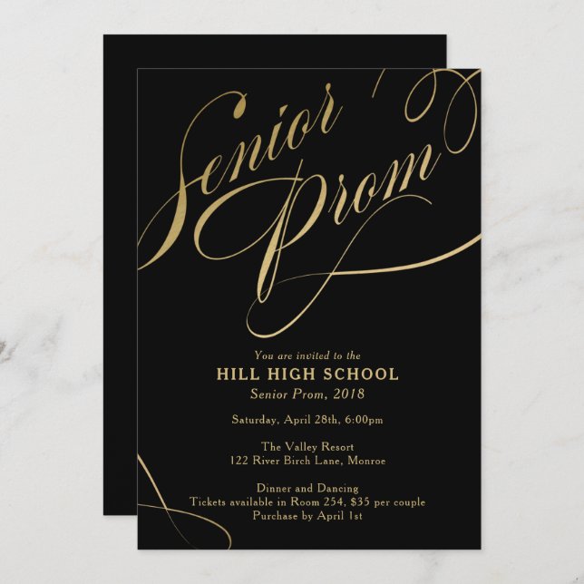 Prom Invitation, Black & Gold Script  Senior Prom Invitation (Front/Back)