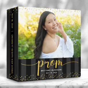 Prom photo gold script on black stripes keepsake binder