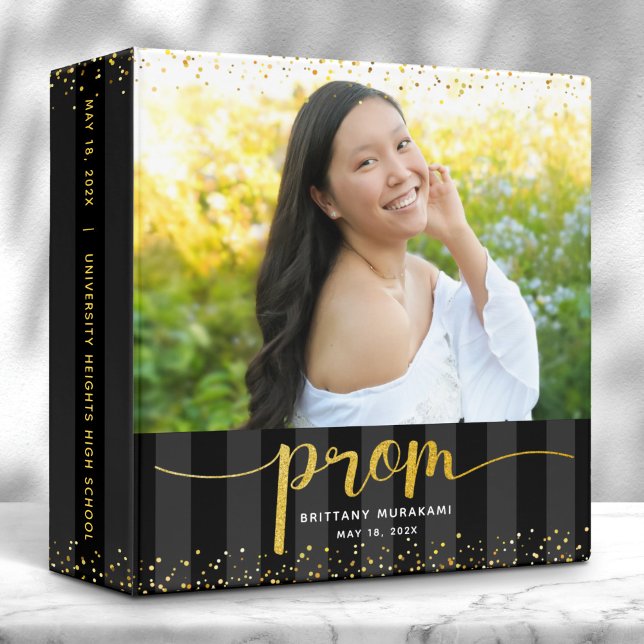 Prom photo gold script on black stripes keepsake binder (Creator Uploaded)